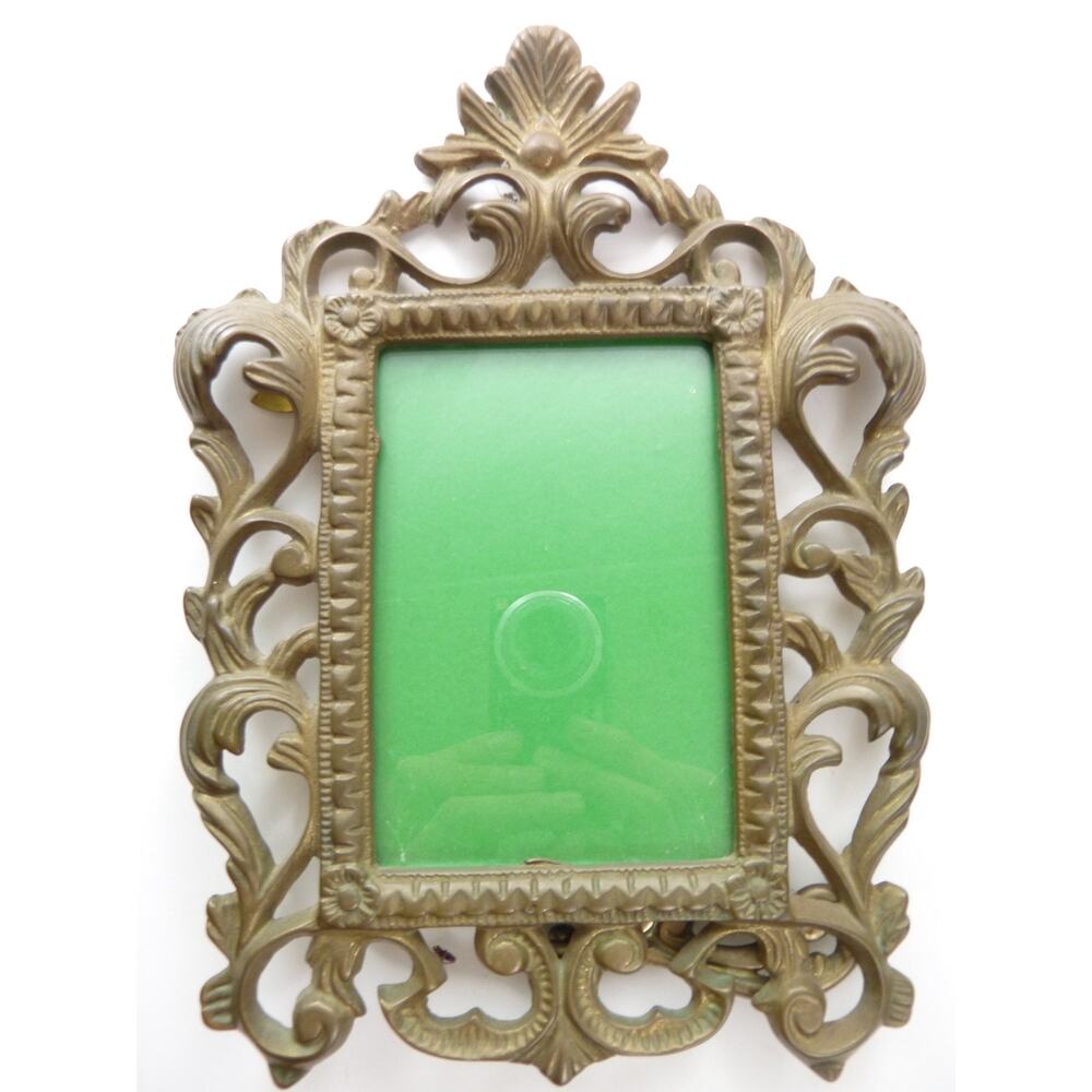Vintage Brass Metal Picture Frame Ornate Scrollwork Easel Back 7x10 Gold Decor